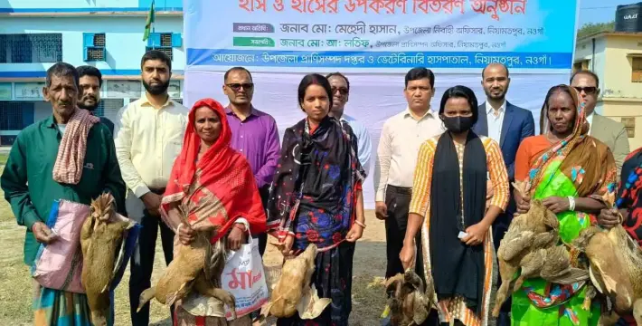[নওগাঁর নিয়ামতপুরে ক্ষুদ্র-নৃগোষ্ঠী সম্প্রদায়ের মাঝে বাড়ন্ত হাঁস বিতরণ]